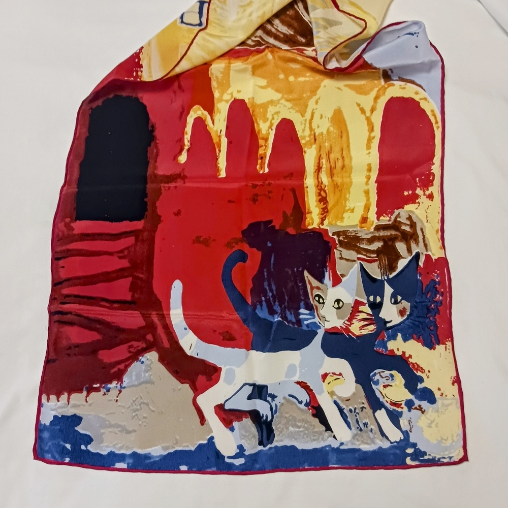 Rosina Wachtmeister Art To Wear Cat Theme 100% Silk Scarf Seta Soie Colorful
